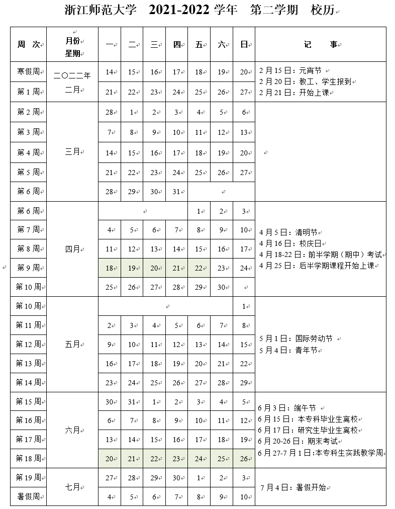 浙江師范大學研究生院2021-2022學年校歷（第二學期）